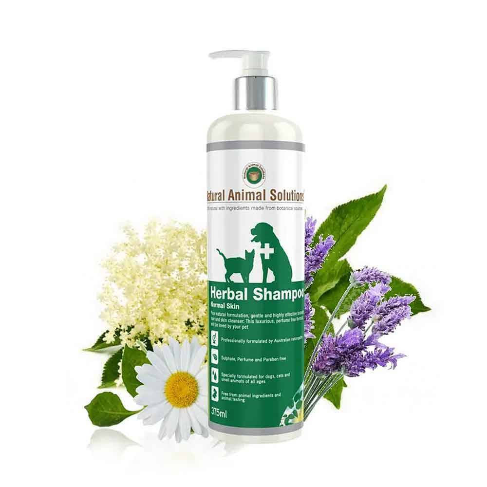 Natural Animal Solutions Herbal Sensitive Shampoo bottle with a green label, showcasing its natural ingredients and suitability for pets.