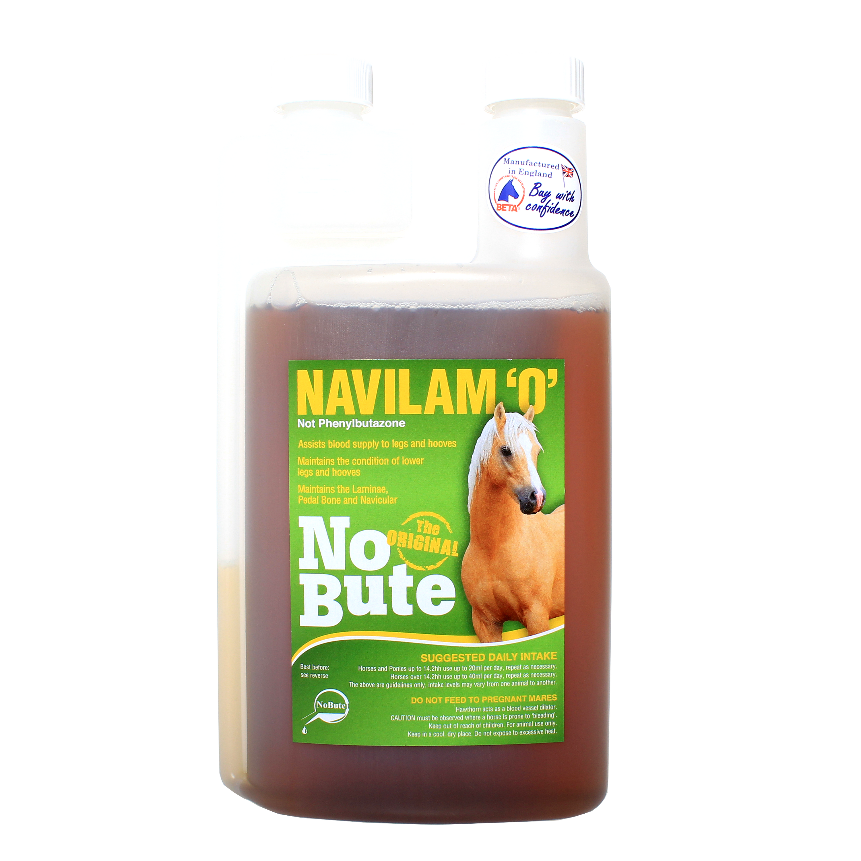 Navilam 'O' supplement bottle featuring NoBute and English Hawthorn for hoof and leg health.