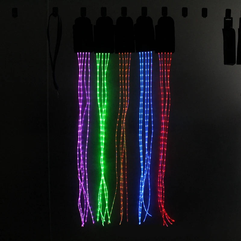 A vibrant LED horse riding tail decoration, 100 cm long, glowing in red, blue, and green colors, showcasing its luminous tubes attached to a horse's tail.