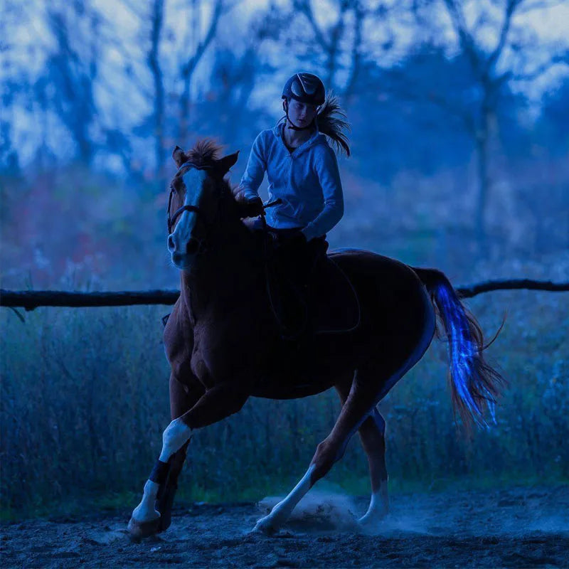 A vibrant LED horse riding tail decoration, 100 cm long, glowing in red, blue, and green colors, showcasing its luminous tubes attached to a horse's tail.