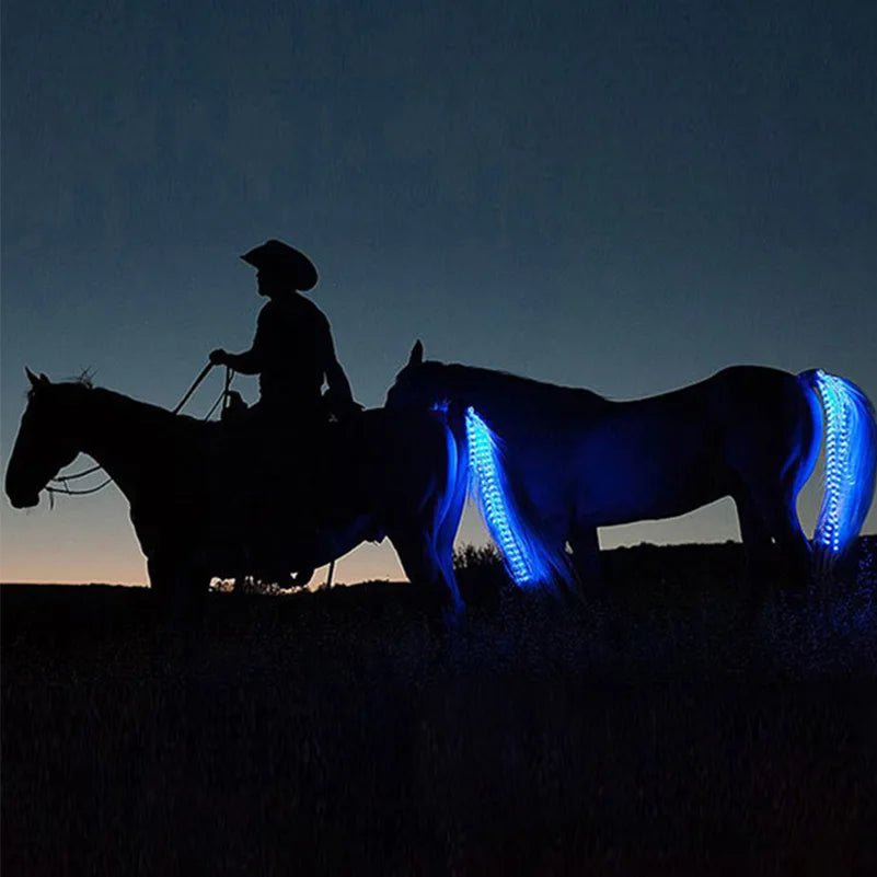 A vibrant LED horse riding tail decoration, 100 cm long, glowing in red, blue, and green colors, showcasing its luminous tubes attached to a horse's tail.
