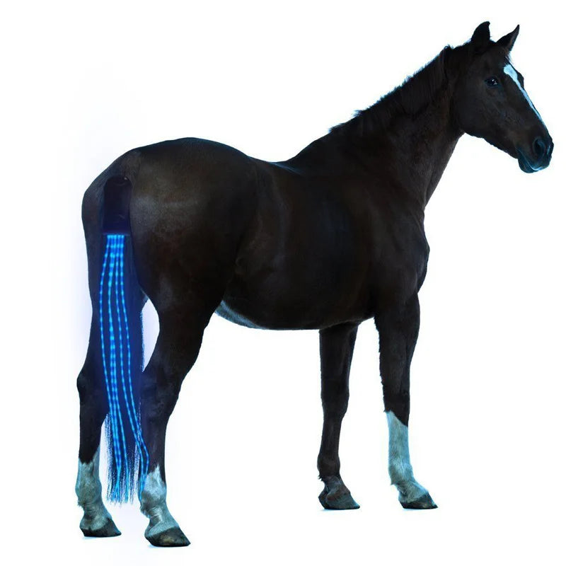A vibrant LED horse riding tail decoration, 100 cm long, glowing in red, blue, and green colors, showcasing its luminous tubes attached to a horse's tail.