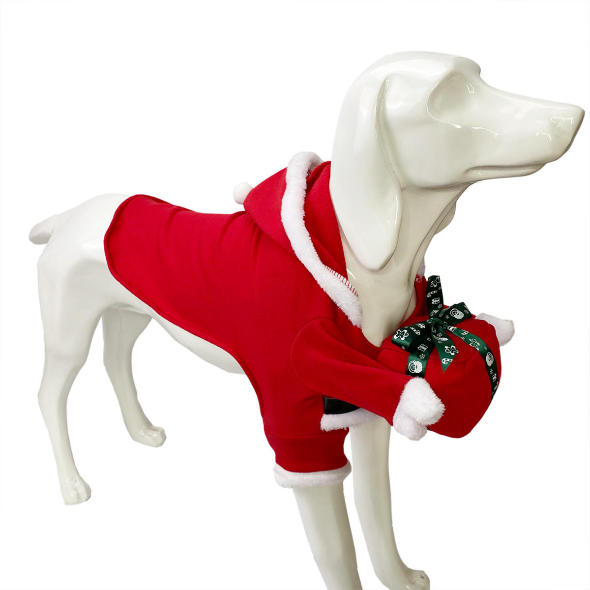 A festive dog wearing Christmas gift-shaped clothes, showcasing a vibrant design perfect for holiday celebrations.
