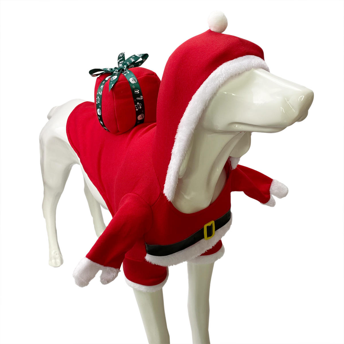 A festive dog wearing Christmas gift-shaped clothes, showcasing a vibrant design perfect for holiday celebrations.
