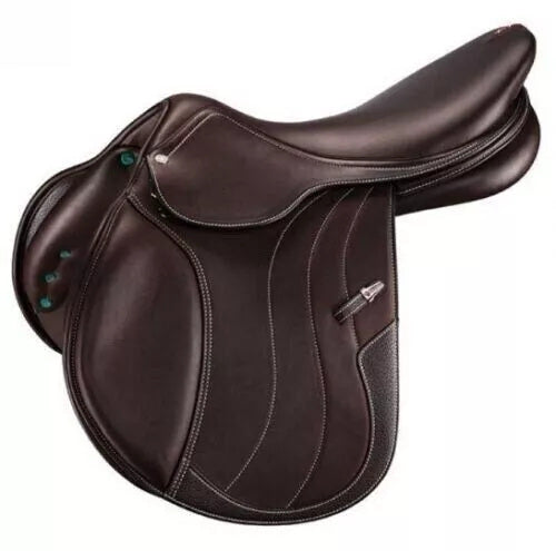 NEW ENGLISH CLOSE CONTACT HORSE SADDLE with wool and horse hair blend panels, designed for jumping, available in various sizes.