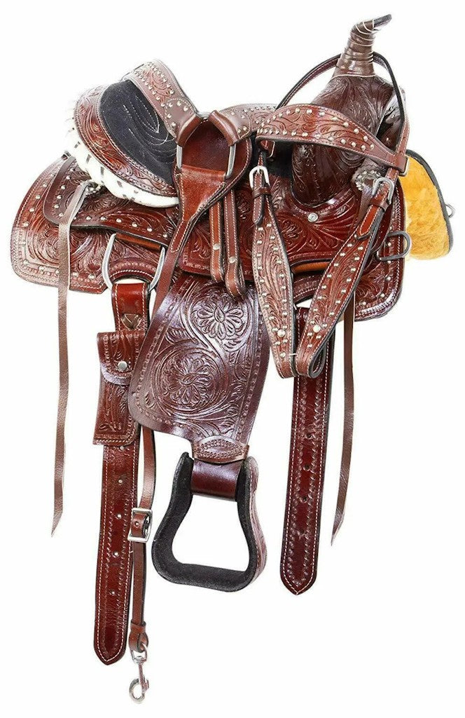 New Genuine Leather Western Roping Saddle Tack Set featuring floral tooling, silver conchos, and padded fleece underside for comfort.