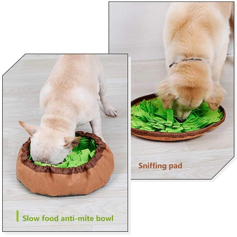 A colorful interactive puzzle toy designed for pets, featuring a rotating top and no-slip base, ideal for encouraging foraging skills.