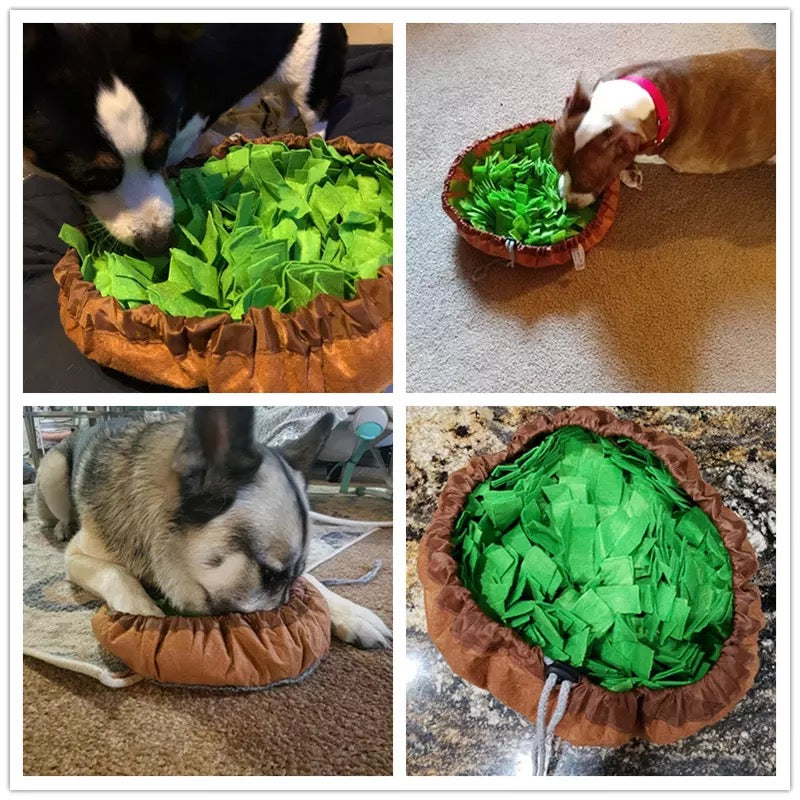 A colorful interactive puzzle toy designed for pets, featuring a rotating top and no-slip base, ideal for encouraging foraging skills.