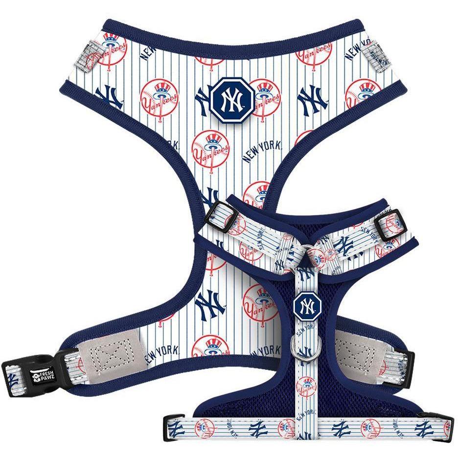 New York Yankees x Fresh Pawz Adjustable Mesh Harness featuring breathable mesh and neoprene padding with Yankees logos.