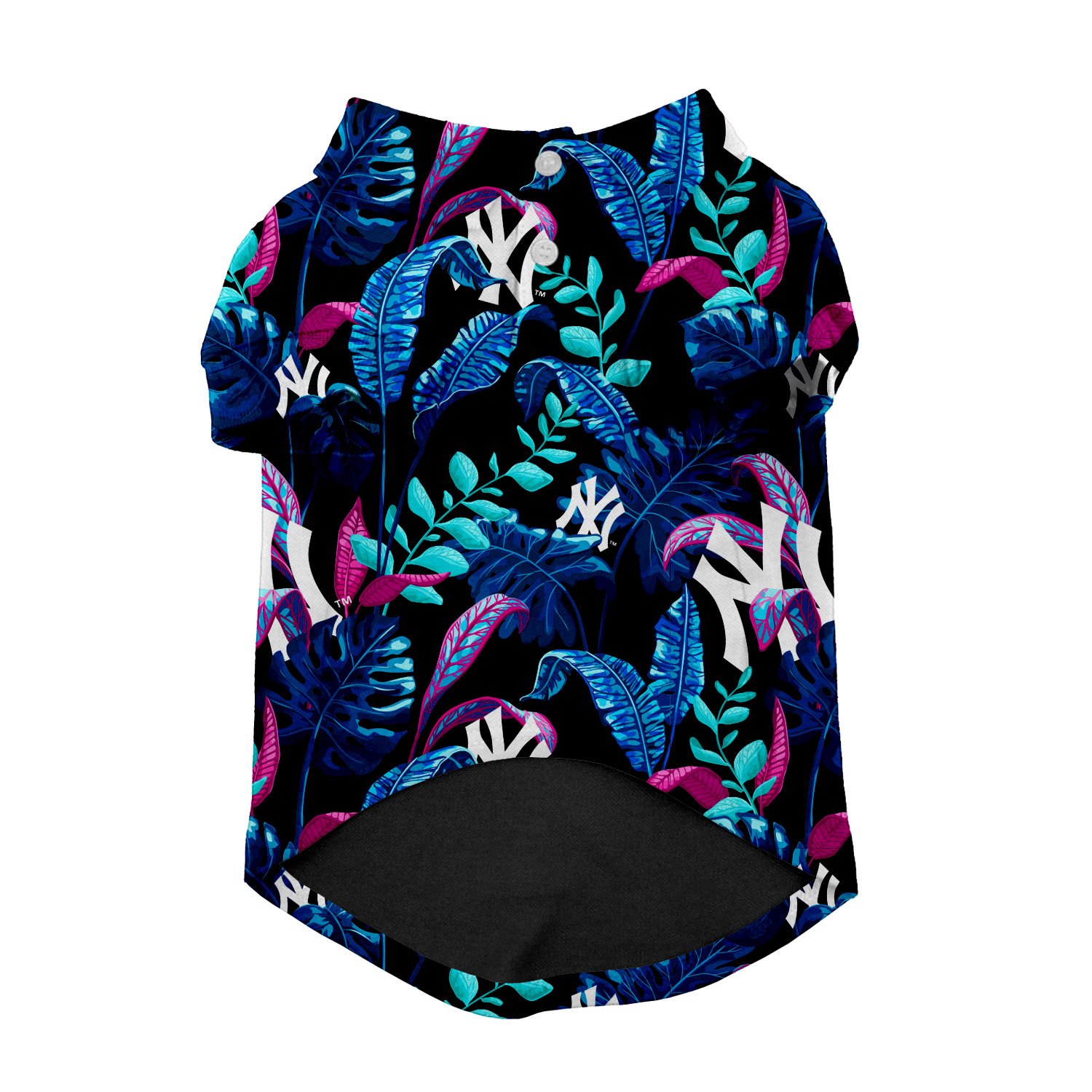 A stylish Hawaiian button-up shirt featuring the New York Yankees logo, designed for pets, showcasing vibrant colors and a comfortable fit.