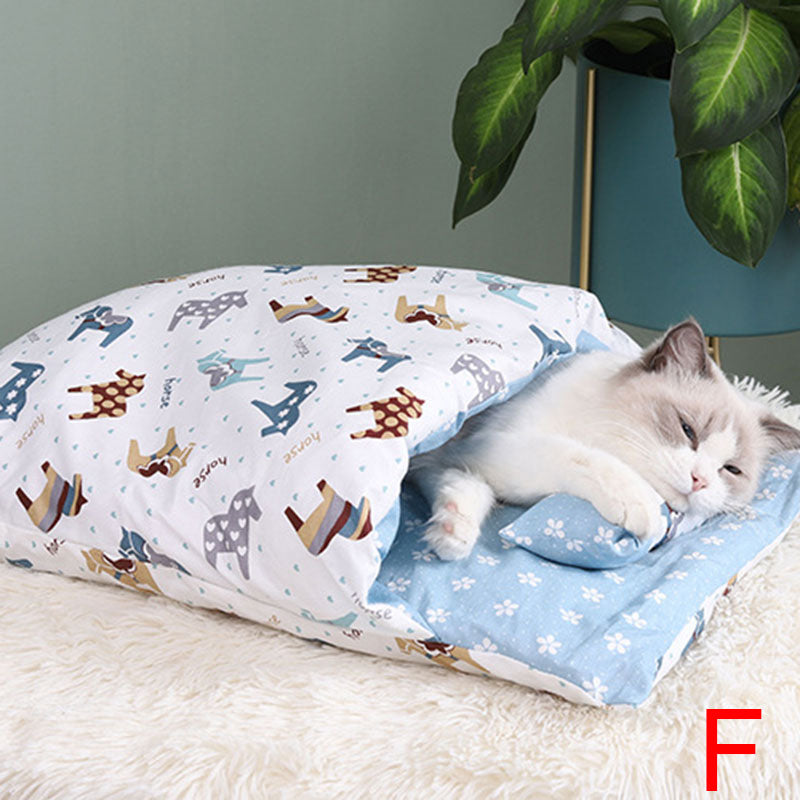 Newest Warm Cat Sleeping Bag in a cozy cave design, perfect for winter warmth and comfort for small pets.