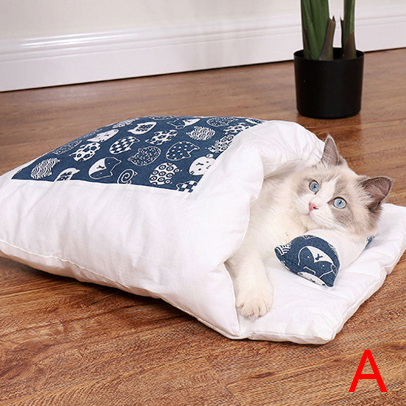 Newest Warm Cat Sleeping Bag in a cozy cave design, perfect for winter warmth and comfort for small pets.