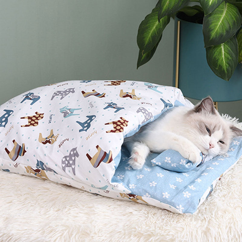 Newest Warm Cat Sleeping Bag in a cozy cave design, perfect for winter warmth and comfort for small pets.
