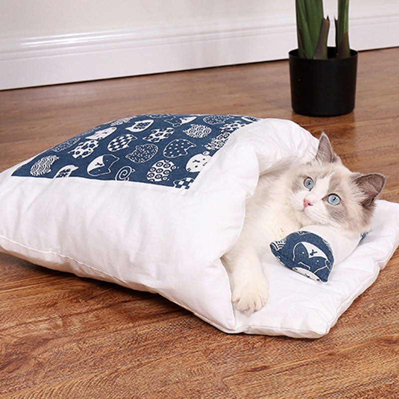 Newest Warm Cat Sleeping Bag in a cozy cave design, perfect for winter warmth and comfort for small pets.