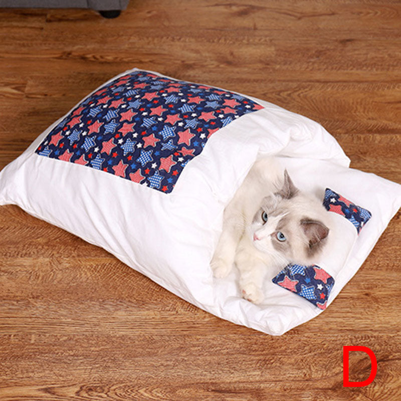 Newest Warm Cat Sleeping Bag in a cozy cave design, perfect for winter warmth and comfort for small pets.