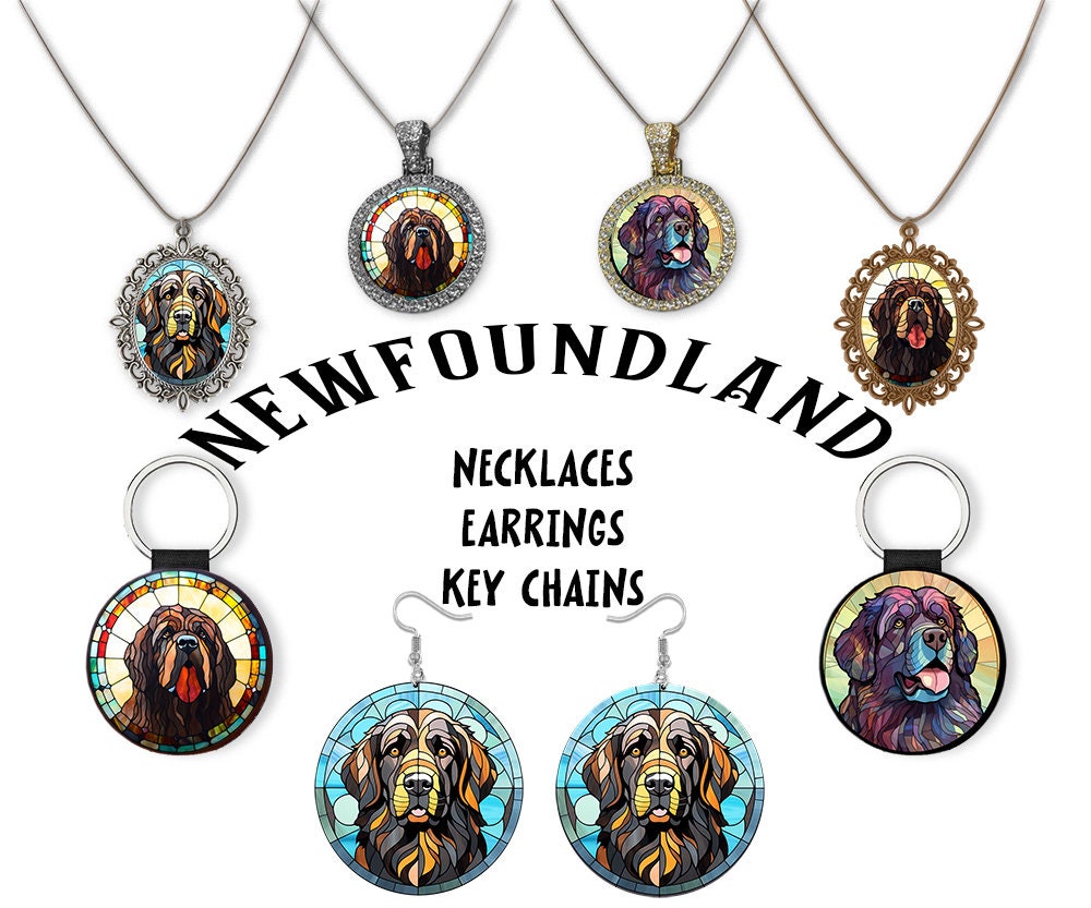 Stained glass style jewelry featuring Newfoundland dog designs in silver and gold.