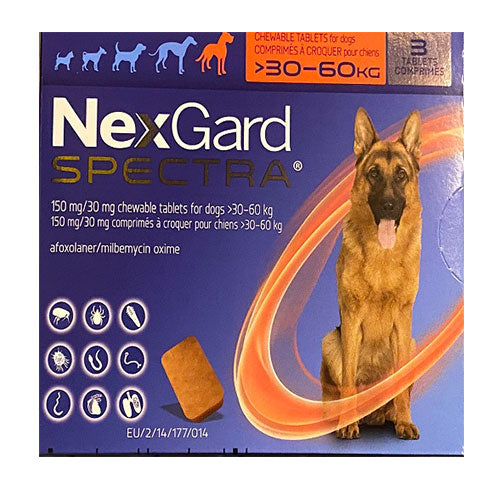 NexGard Spectra Flea & Tick Chewables for Extra Large Dogs in a pack, featuring beef-flavored soft chew tablets designed for parasite control.