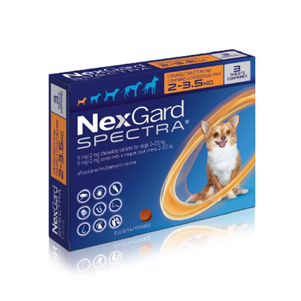 NexGard Spectra Flea & Tick Chewables for Extra Small Dogs in a pack, featuring soft beef-flavored tablets designed for parasite control.