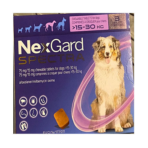 NexGard Spectra Flea & Tick Chewables for large dogs, beef-flavored tablets in a pack, designed for effective parasite control.