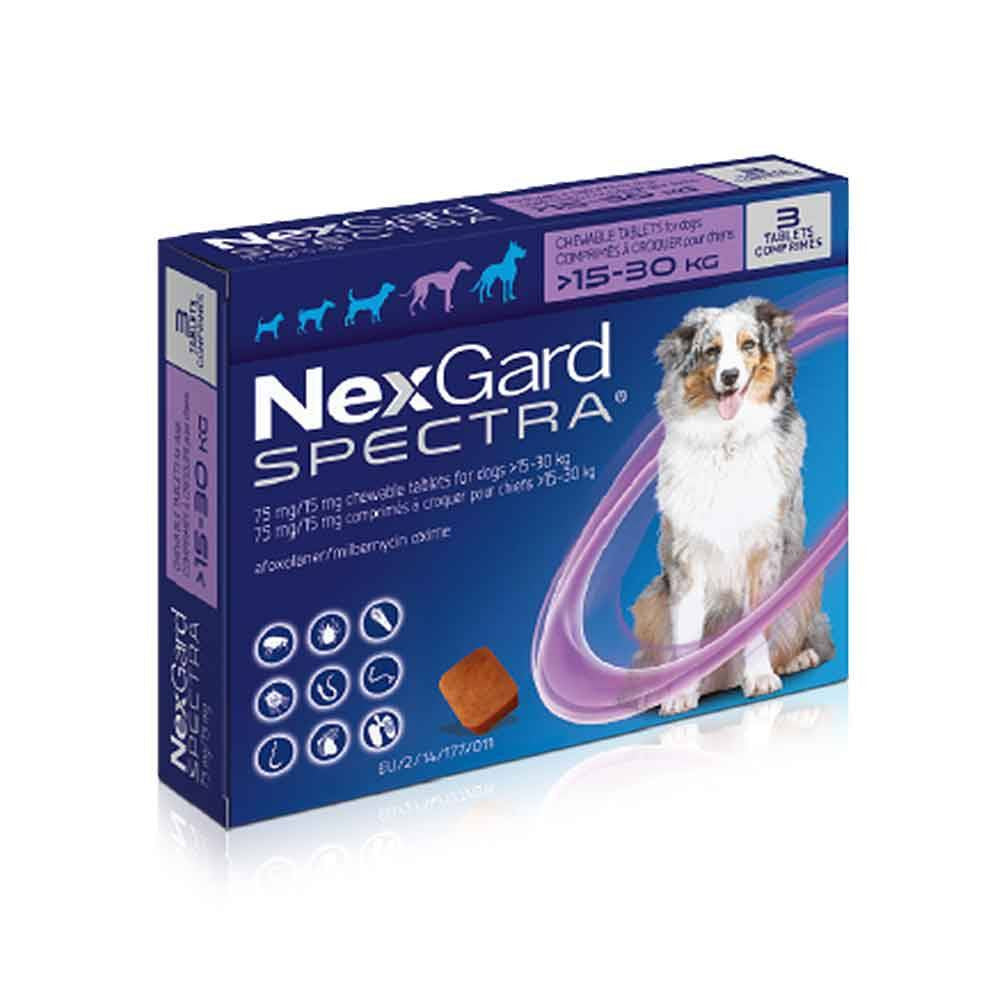 NexGard Spectra Flea & Tick Chewables for large dogs, beef-flavored tablets in a pack, designed for effective parasite control.