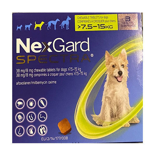 NexGard Spectra Flea & Tick Chewables for medium dogs in a package, featuring soft beef-flavored tablets designed for parasite control.