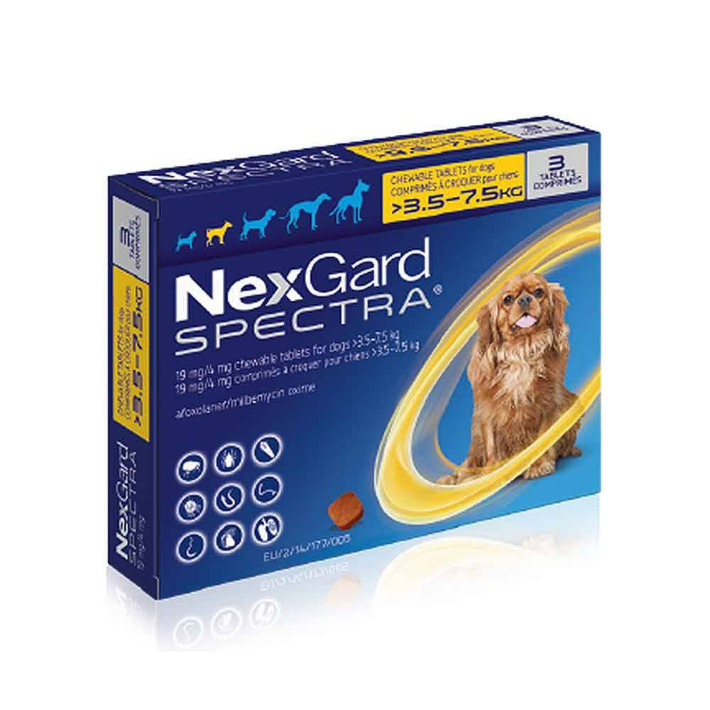NexGard Spectra Flea & Tick Chewables for small dogs in a package, featuring soft beef-flavored tablets designed for parasite protection.