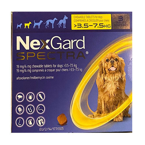 NexGard Spectra Flea & Tick Chewables for small dogs in a package, featuring soft beef-flavored tablets designed for parasite protection.