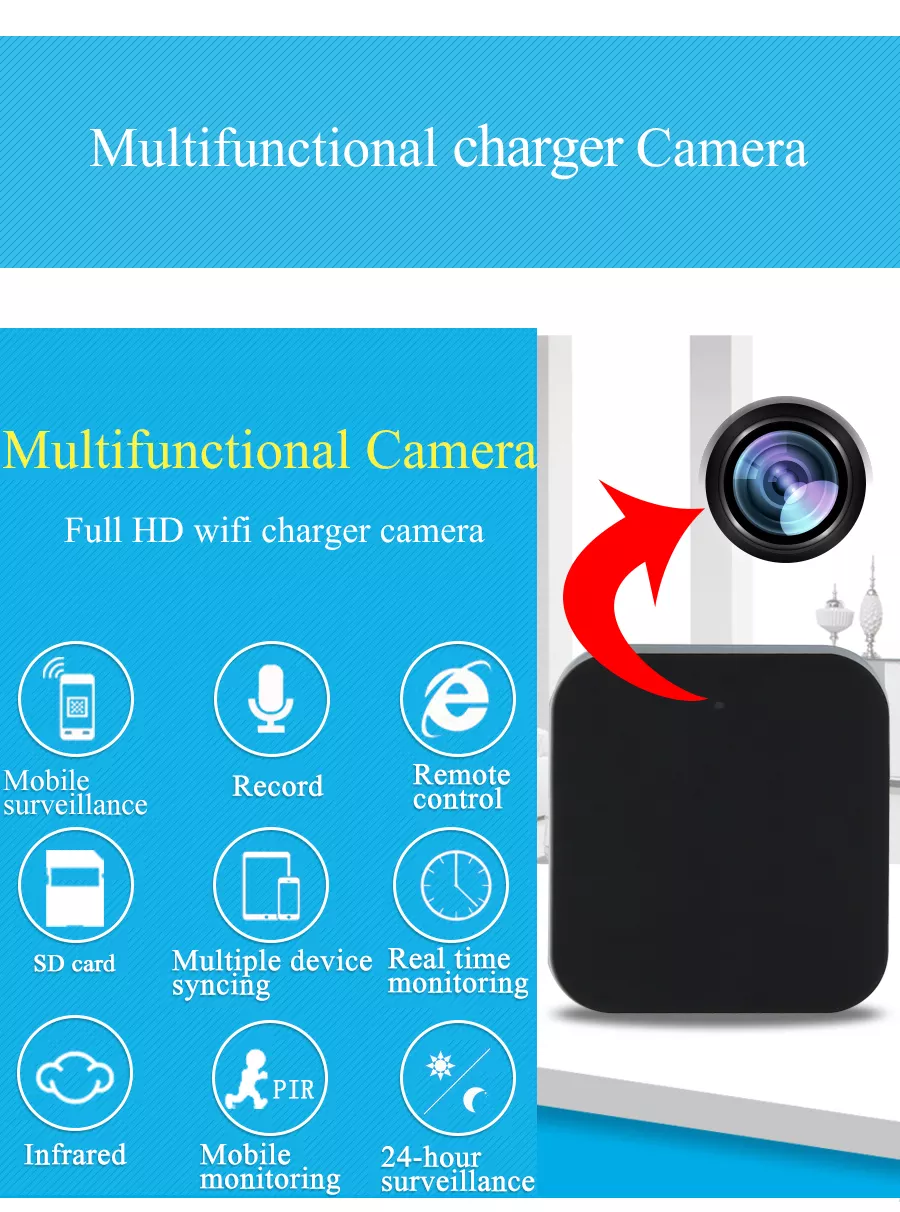 Night Vision 1080P Wifi Nanny Cam disguised as a wall charger, featuring a sleek design and hidden lens for discreet surveillance.