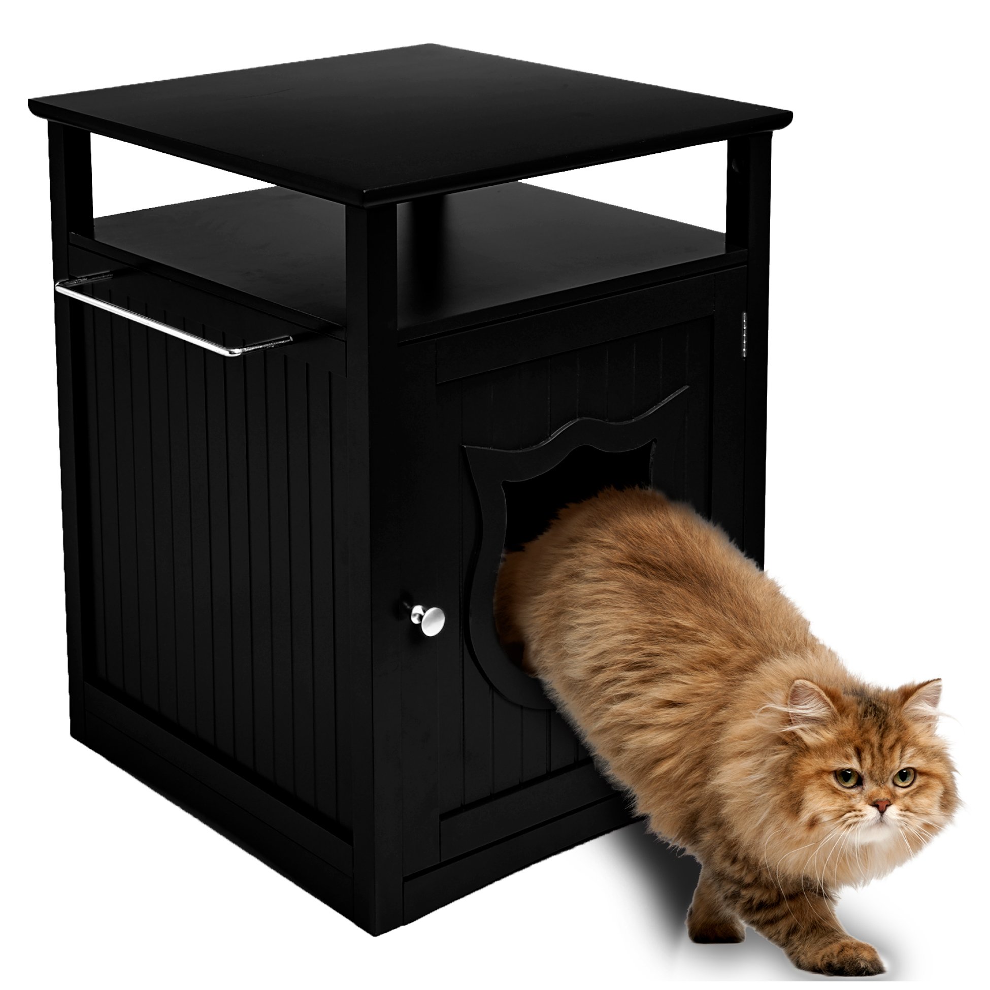 Stylish Nightstand Pet House serving as a litter box cover and pet crate, featuring elegant design and dual openings for easy access.