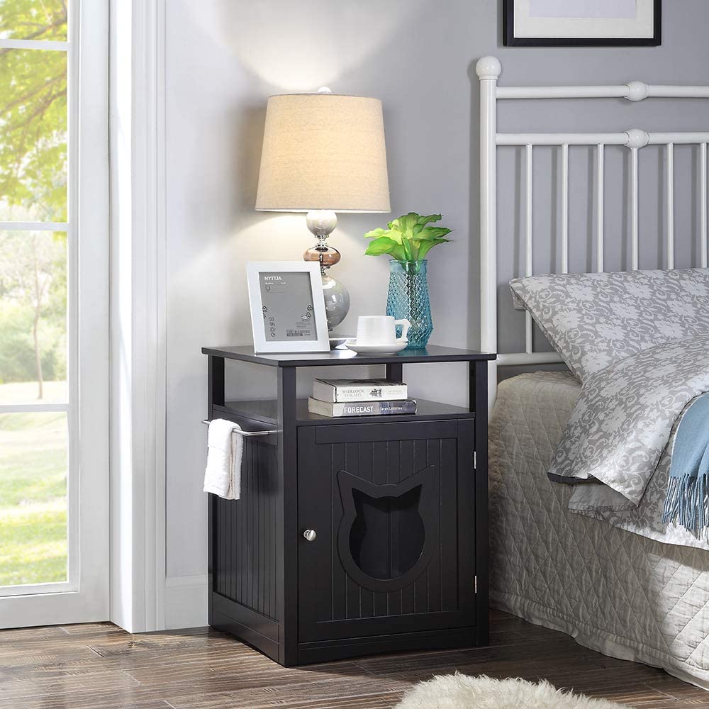 Stylish Nightstand Pet House serving as a litter box cover and pet crate, featuring elegant design and dual openings for easy access.