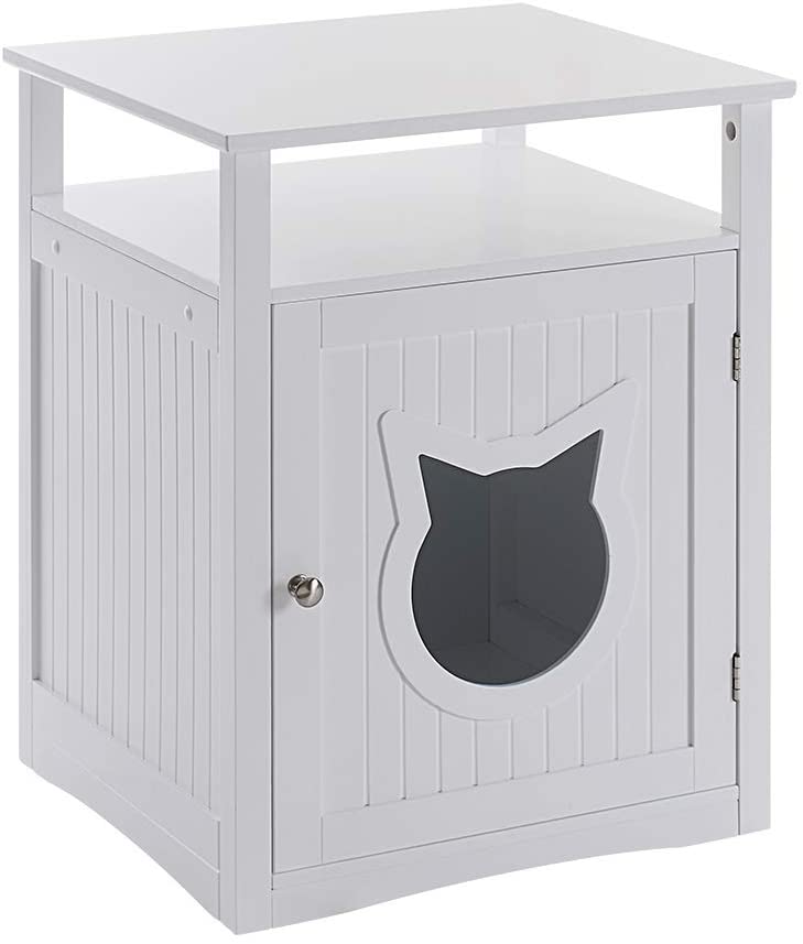 Stylish Nightstand Pet House serving as a litter box cover and pet crate, featuring elegant design and dual openings for easy access.