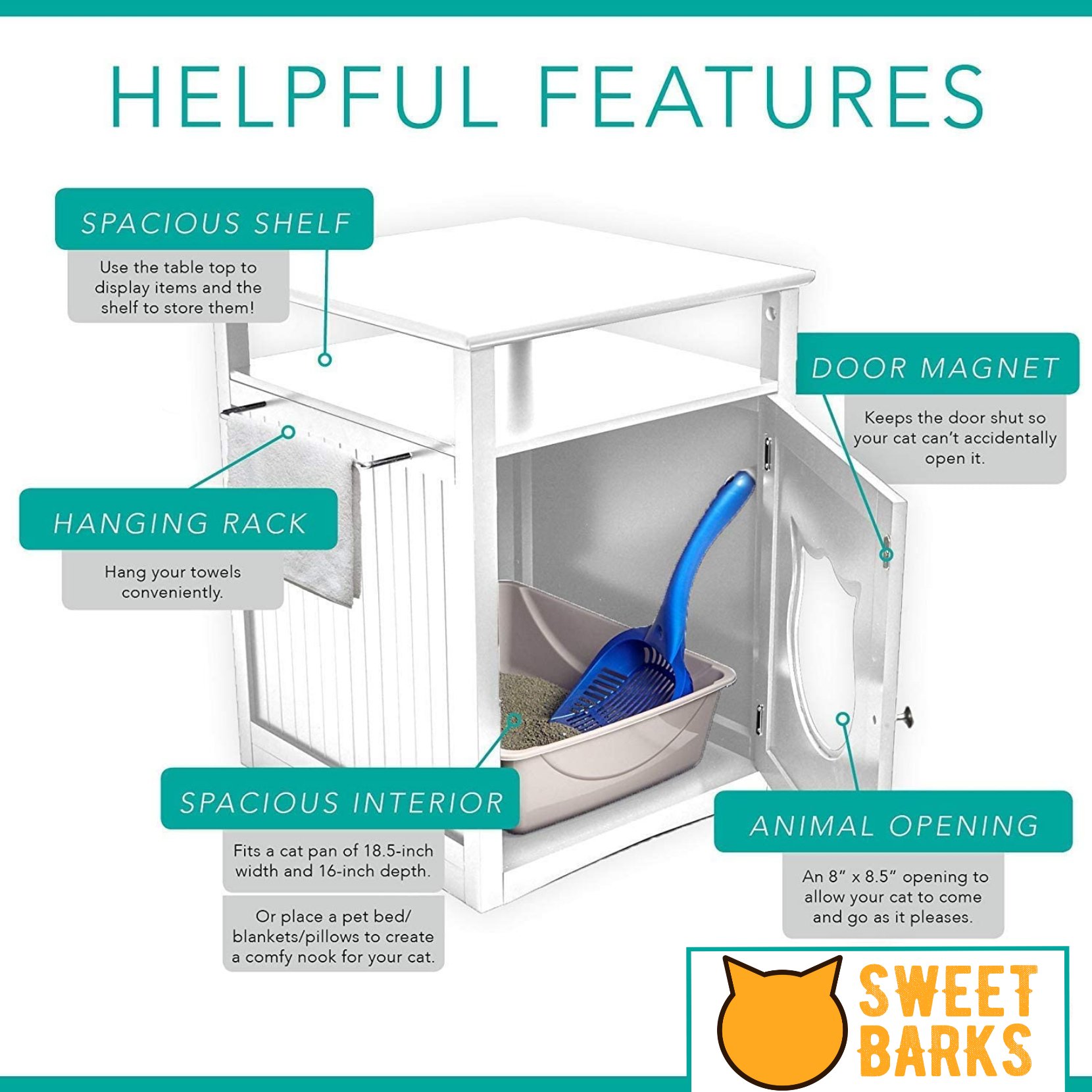 Stylish Nightstand Pet House serving as a litter box cover and pet crate, featuring elegant design and dual openings for easy access.