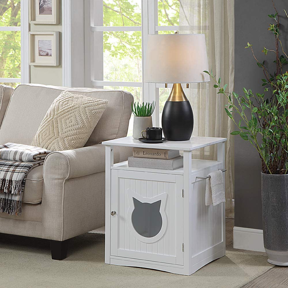 Stylish Nightstand Pet House serving as a litter box cover and pet crate, featuring elegant design and dual openings for easy access.