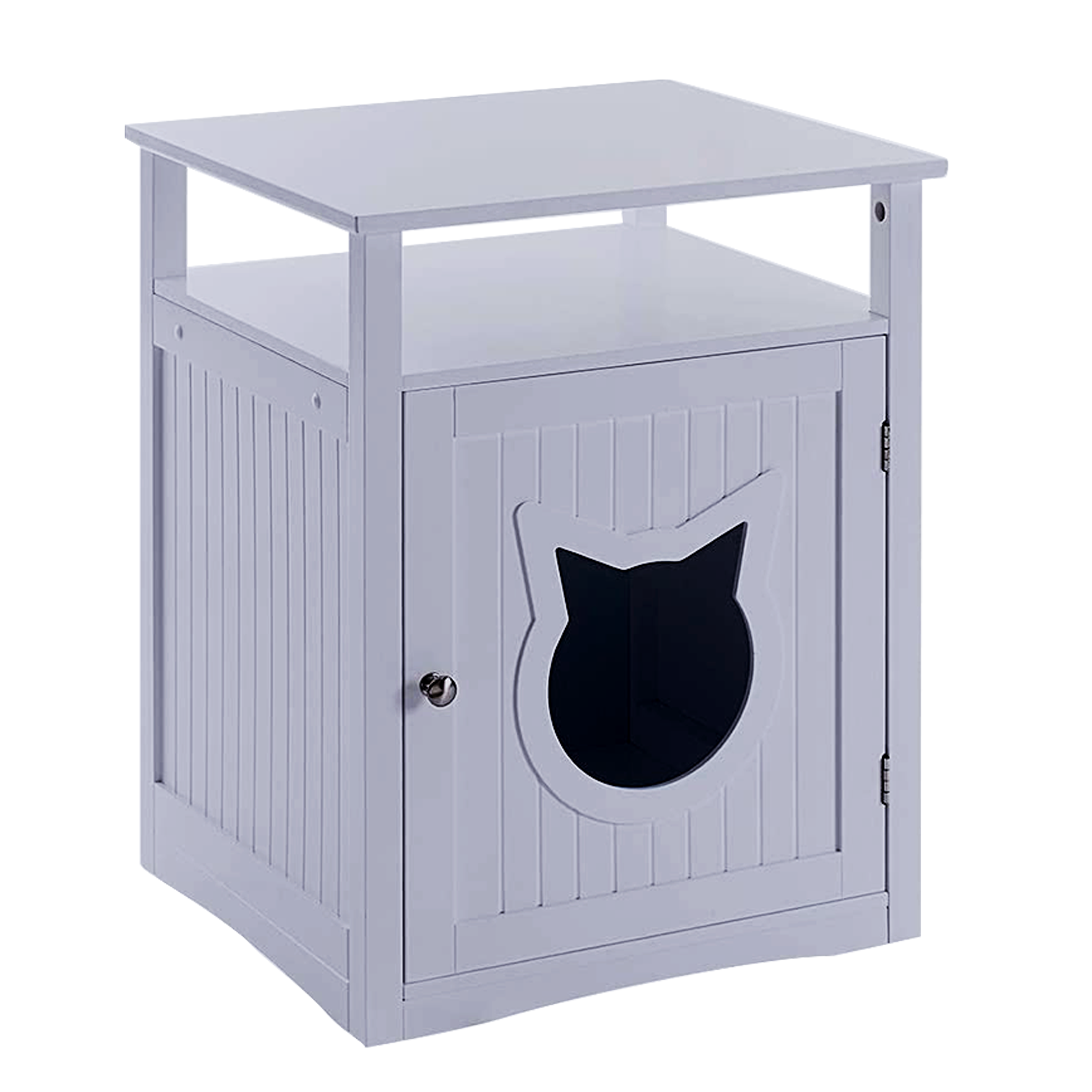Stylish Nightstand Pet House serving as a litter box cover and pet crate, featuring elegant design and dual openings for easy access.