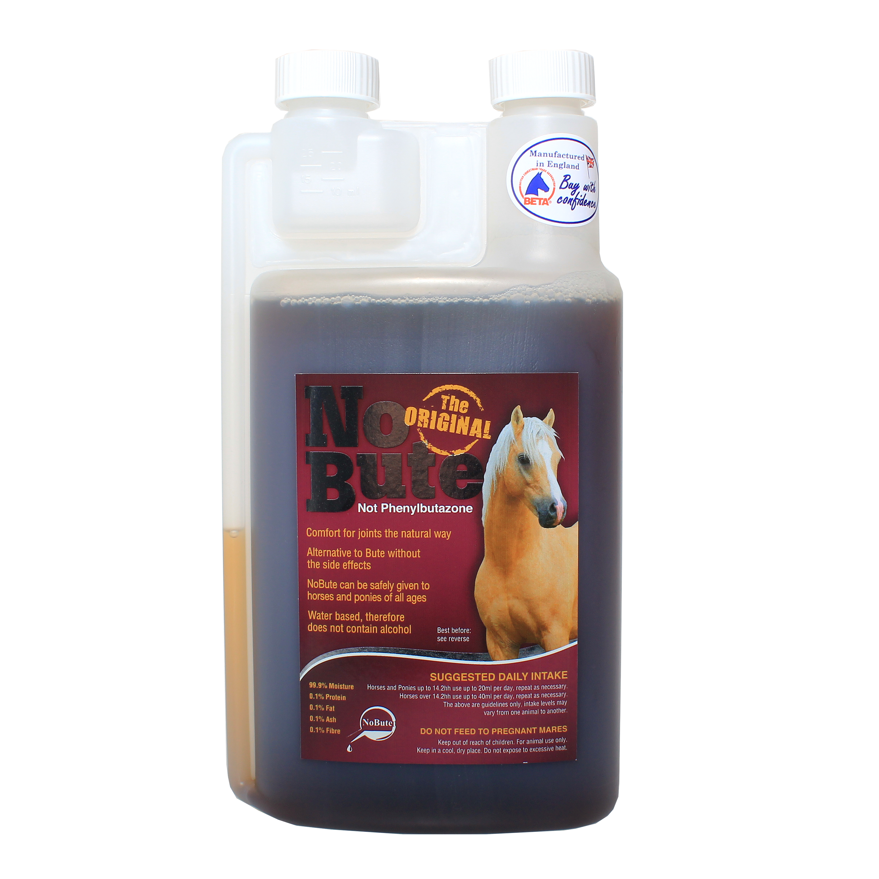 A bottle of NoBute herbal joint supplement for horses, featuring a label with the product name and key benefits.