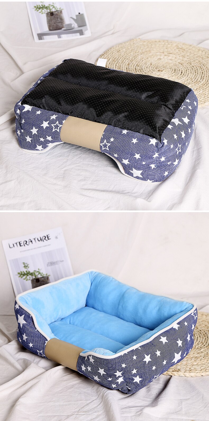 Non-slip pet dog bed in blue and pink, designed for comfort and warmth, suitable for dogs and cats.