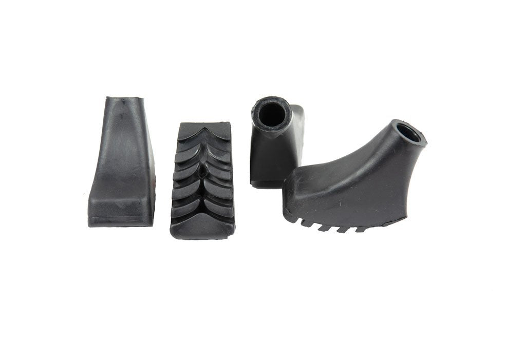 A pack of four Nordic walking poles rubber tips designed for universal fit and durability, featuring a metal washer for puncture protection.