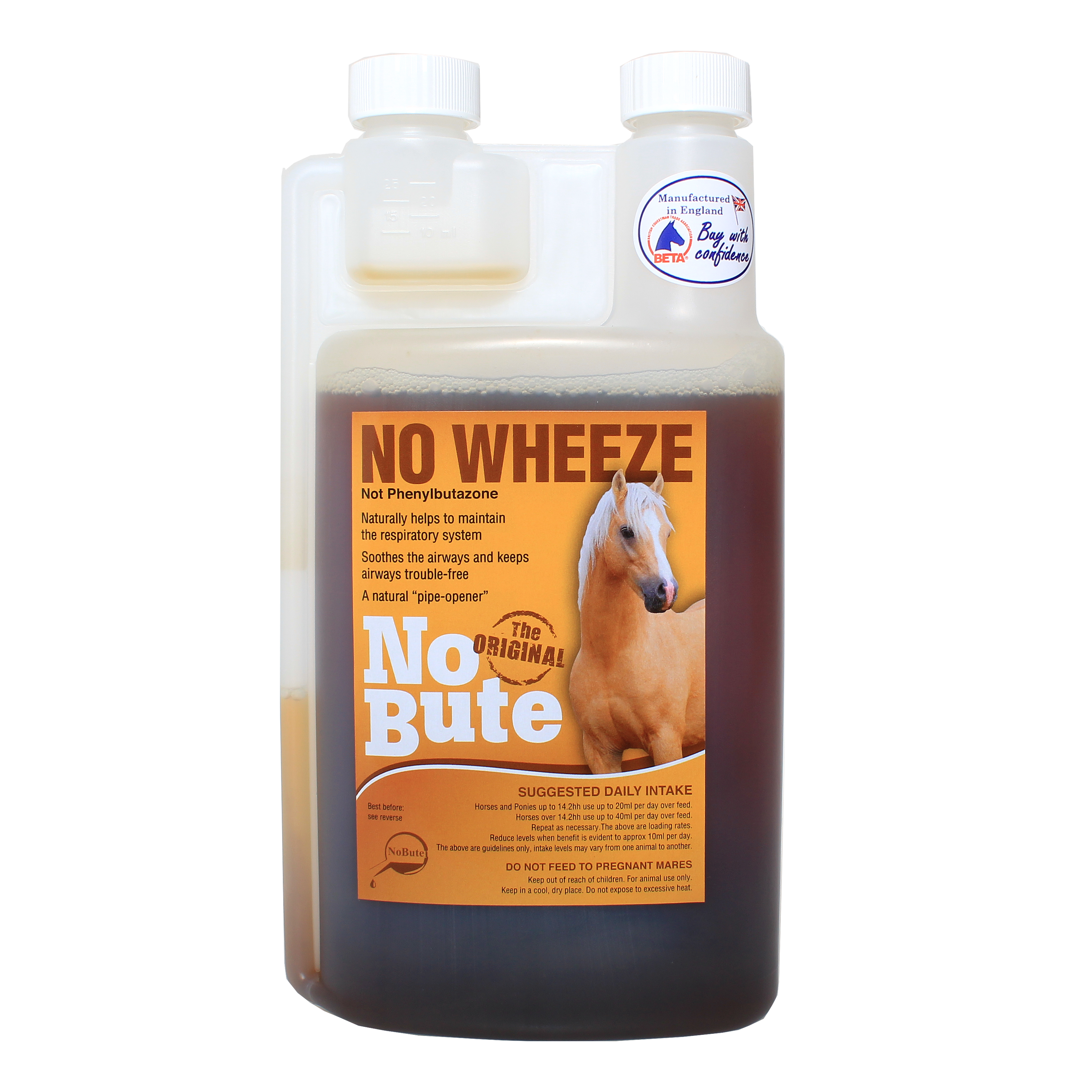 A bottle of NoWheeze, a natural respiratory support supplement for horses, designed to improve breathing and alleviate wind problems.