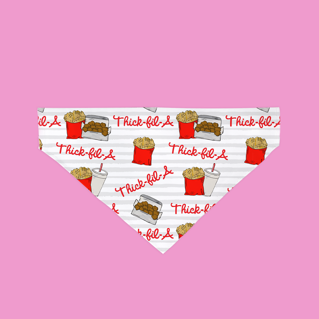 A colorful Nuggets and Fries Bandana for dogs, featuring a fun food pattern, made from durable canvas fabric.