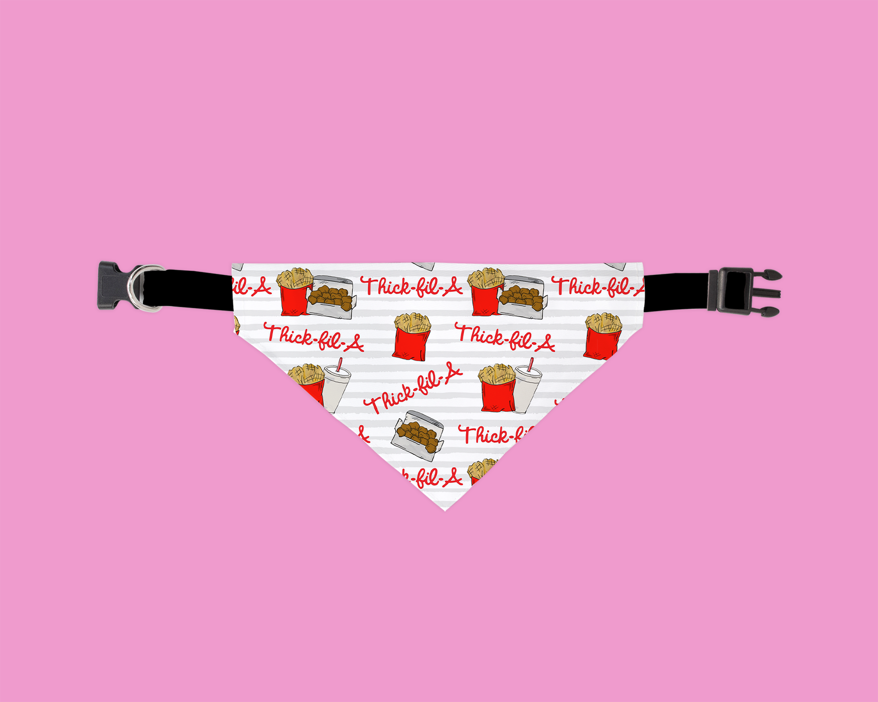 A colorful Nuggets and Fries Bandana for dogs, featuring a fun food pattern, made from durable canvas fabric.