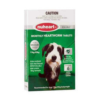 Nuheart Green Heartworm Tablets for medium dogs, packaged in a box with six chewable tablets, designed for heartworm prevention.