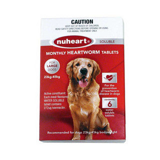 Nuheart Red Heartworm Tablets for large dogs, packaged in a box with six chewable tablets, designed for heartworm prevention.