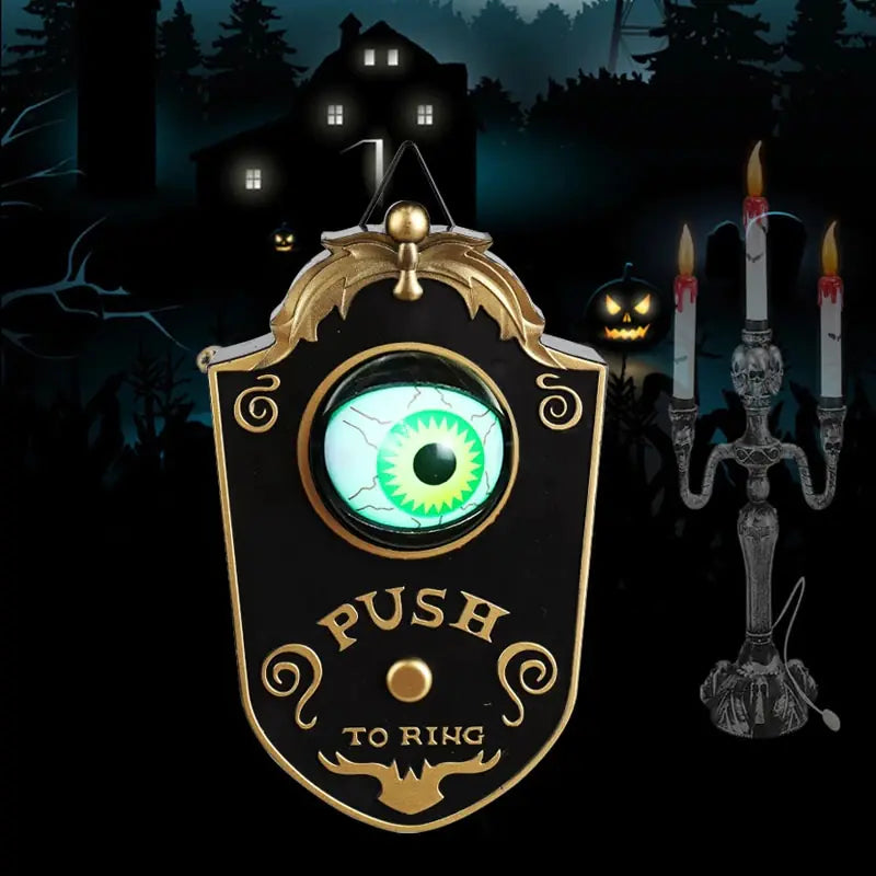 One-Eyed Glowing Halloween Doorbell Prop with eerie glow and spooky design, perfect for Halloween decorations.