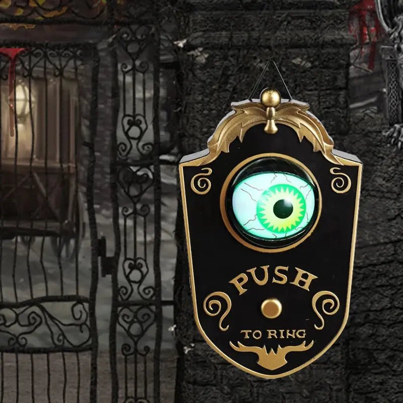 One-Eyed Glowing Halloween Doorbell Prop with eerie glow and spooky design, perfect for Halloween decorations.