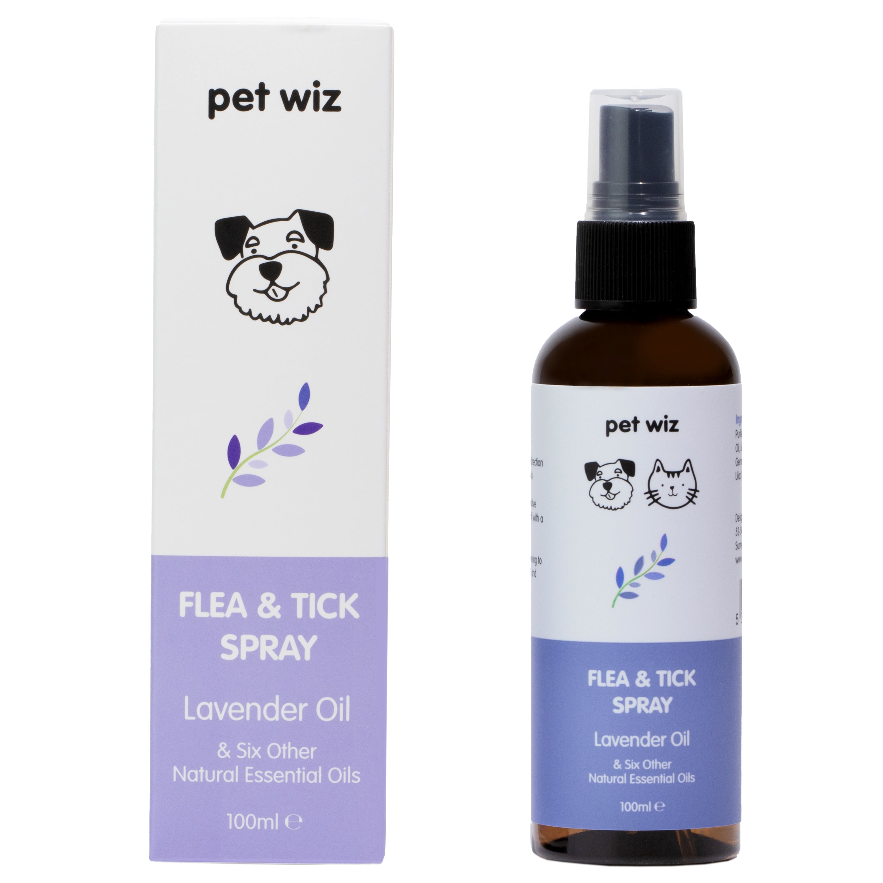 Organic Flea & Tick Spray for Dogs & Cats in a spray bottle with lavender and rosemary ingredients.