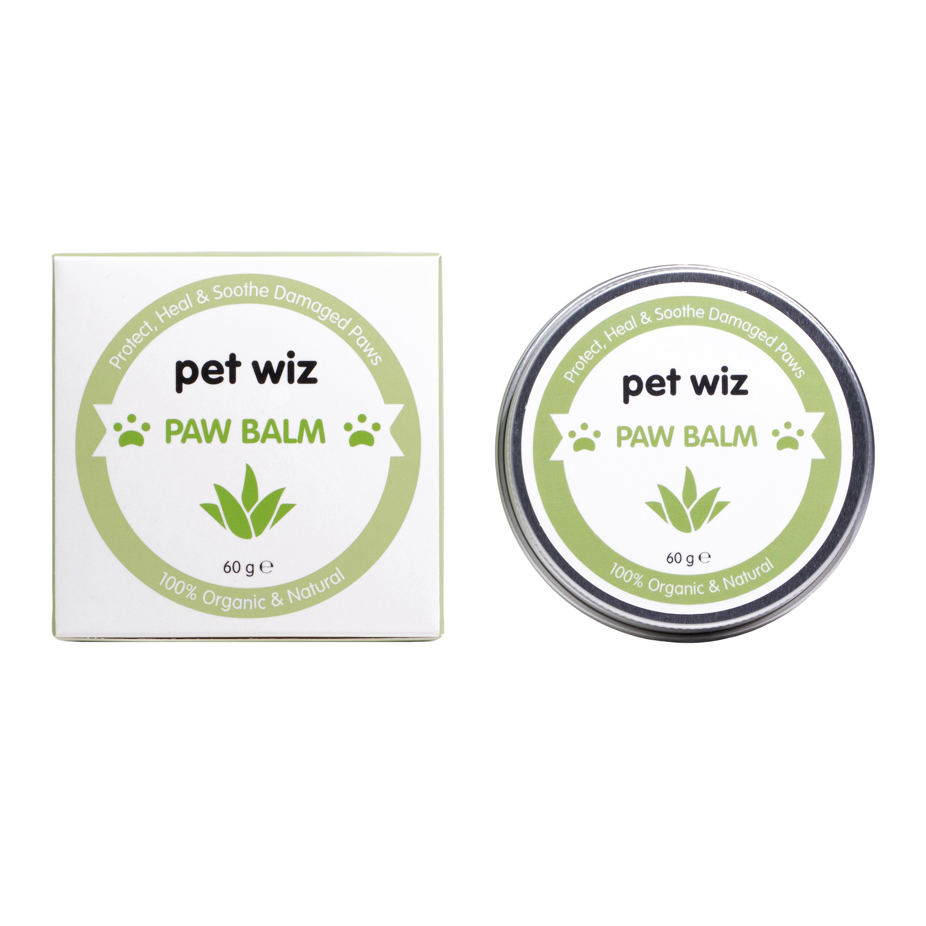 A jar of Organic Paw and Nose Balm for Dogs and Cats, showcasing its natural ingredients and soothing properties for pet care.