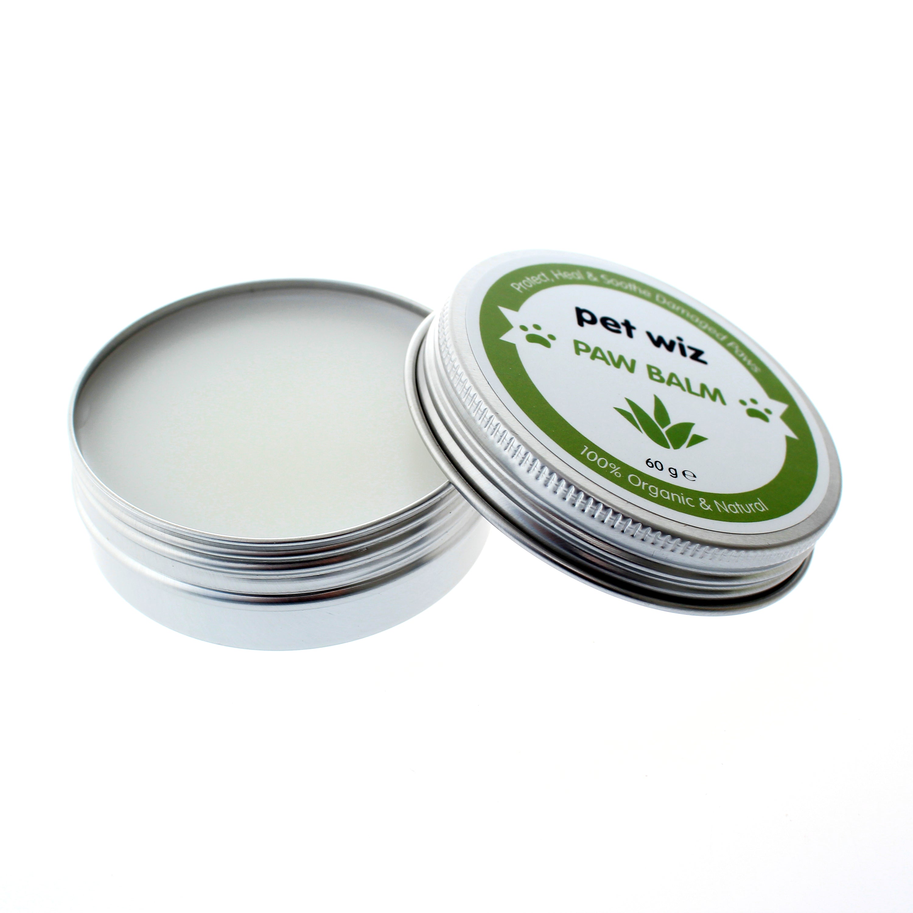 A jar of Organic Paw and Nose Balm for Dogs and Cats, showcasing its natural ingredients and soothing properties for pet care.