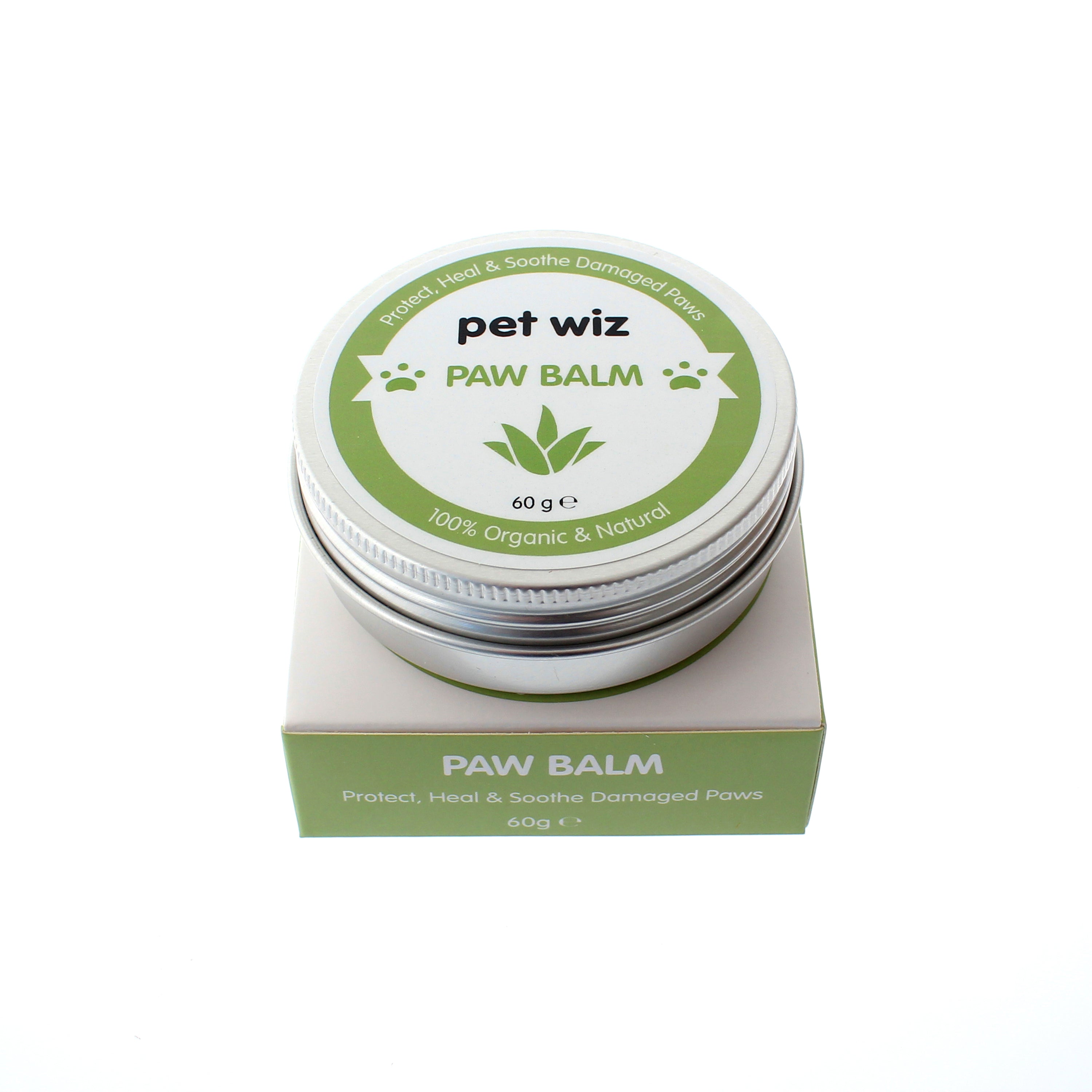 A jar of Organic Paw and Nose Balm for Dogs and Cats, showcasing its natural ingredients and soothing properties for pet care.