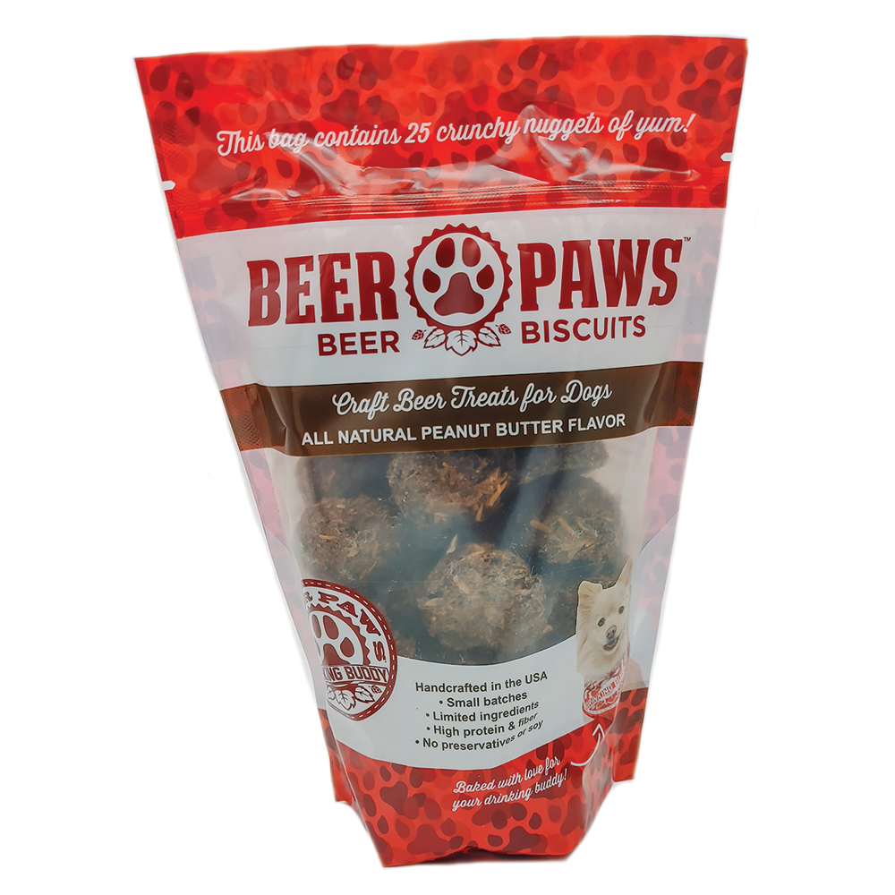A pack of Original Beer Paws Peanut Butter Flavor Beer Biscuits, showcasing the delicious dog treats made with recycled brewer's grains and peanut butter.
