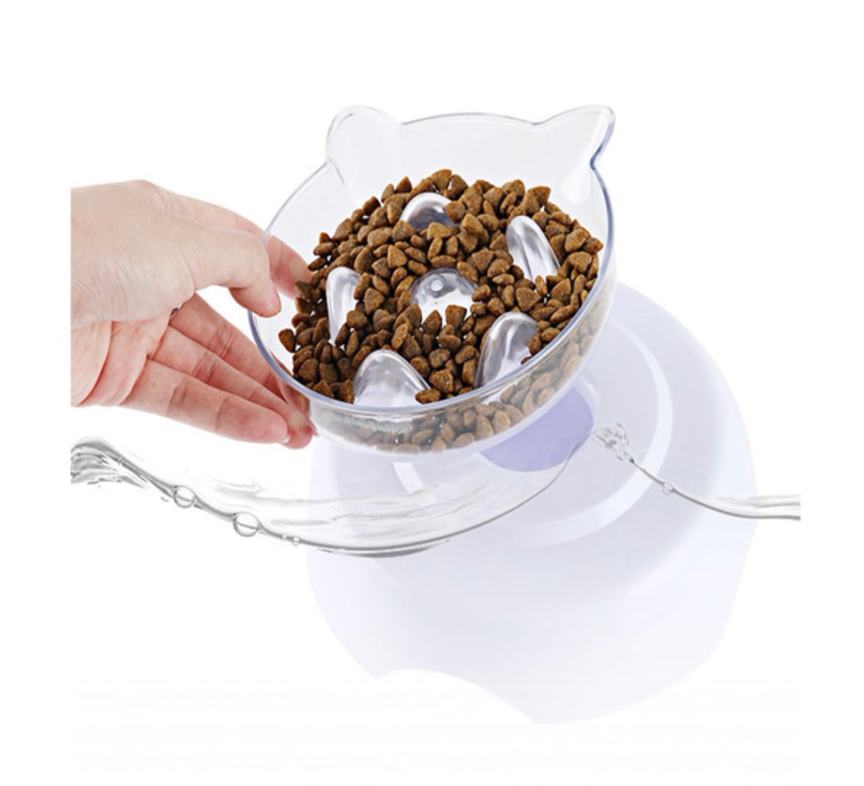 Orthopedic cat bowl and slow feeder designed to prevent vomiting and indigestion, featuring an elevated design and sturdy non-tipping base.